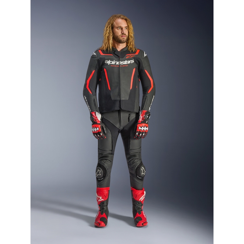 Blouson de moto en cuir Alpinestars GP Force V2 noir-rouge fluo-blanc