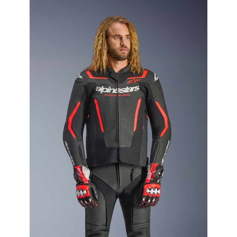 Blouson de moto en cuir Alpinestars GP Force V2 noir-rouge fluo-blanc