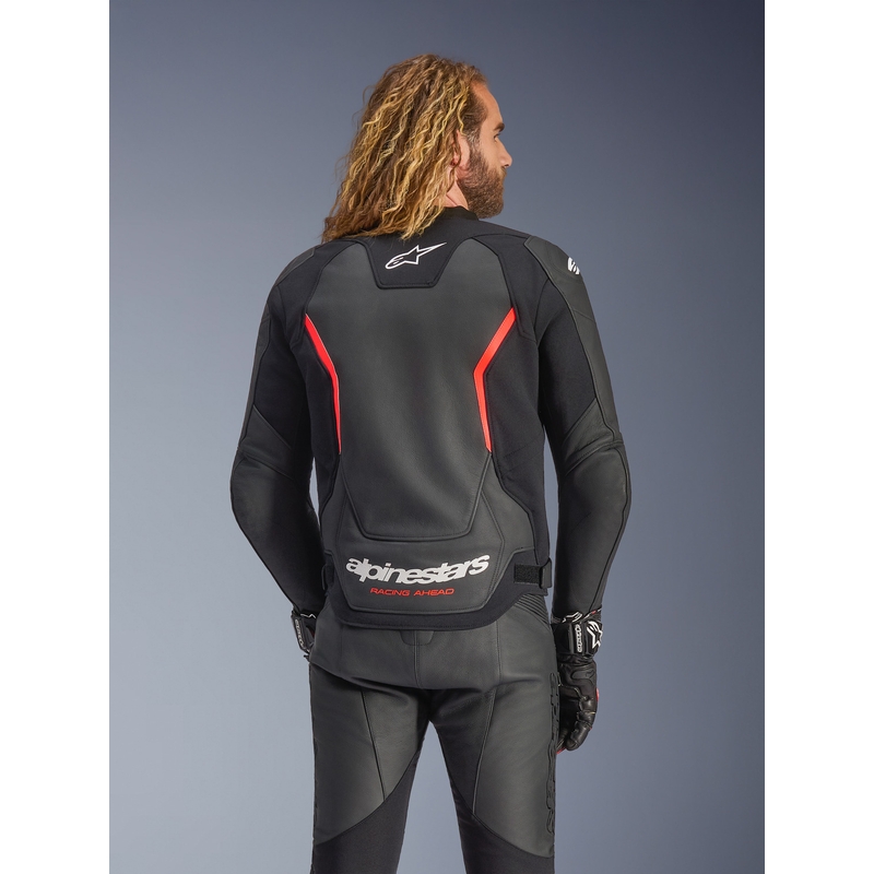 Blouson de moto en cuir Alpinestars GP Force V2 noir-rouge fluo-blanc