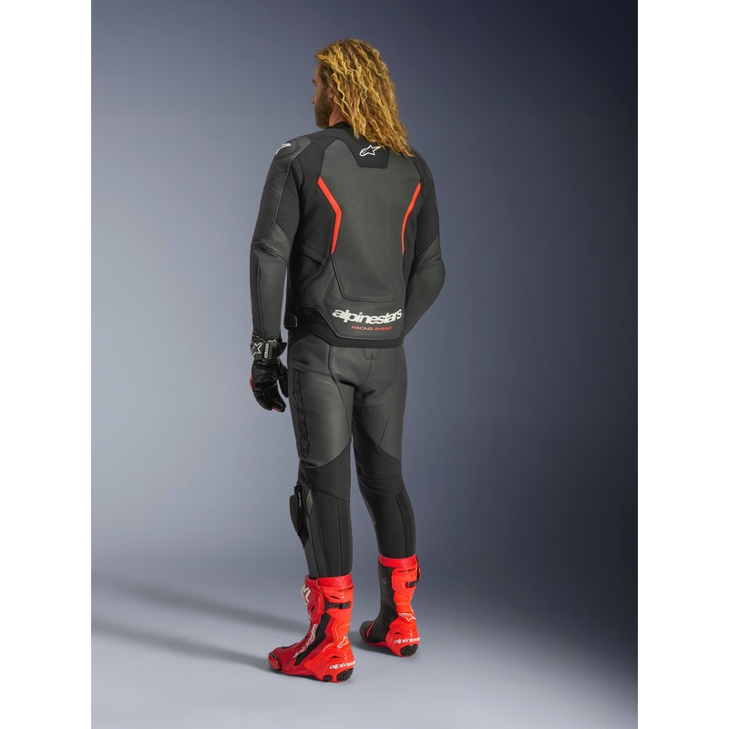 Blouson de moto en cuir Alpinestars GP Force V2 noir-rouge fluo-blanc