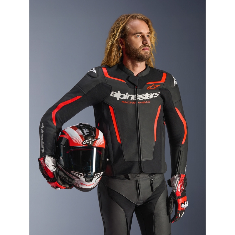 Blouson de moto en cuir Alpinestars GP Force V2 noir-rouge fluo-blanc