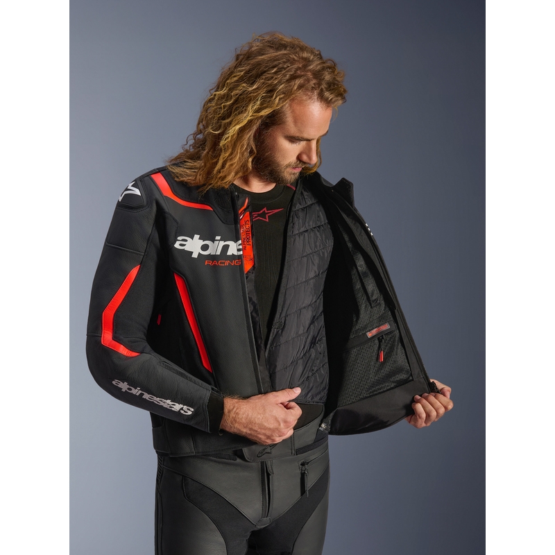 Blouson de moto en cuir Alpinestars GP Force V2 noir-rouge fluo-blanc