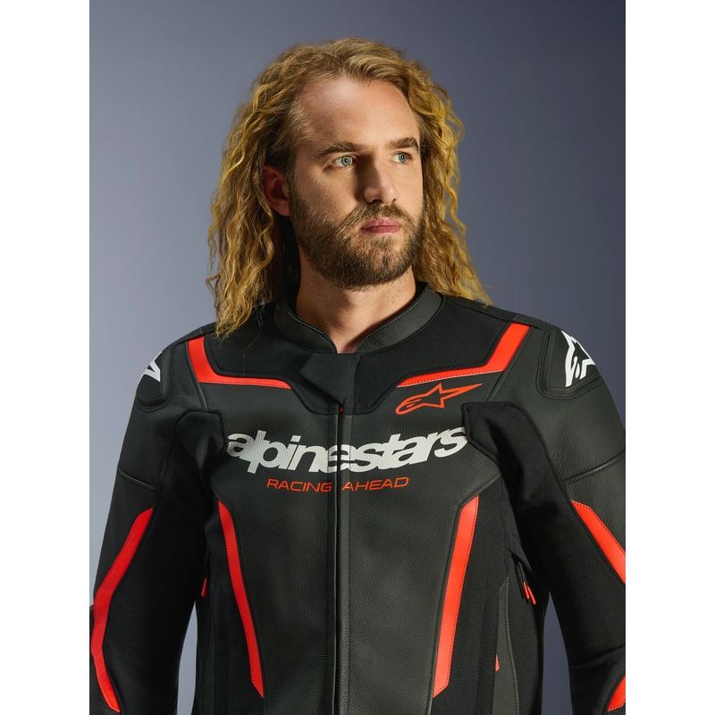 Blouson de moto en cuir Alpinestars GP Force V2 noir-rouge fluo-blanc