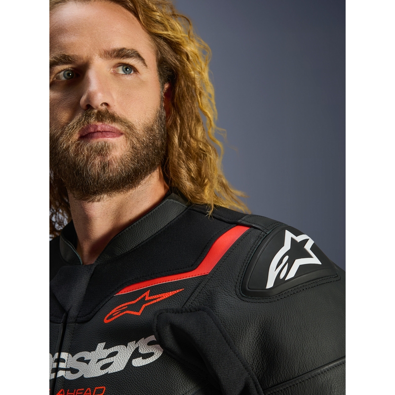 Blouson de moto en cuir Alpinestars GP Force V2 noir-rouge fluo-blanc