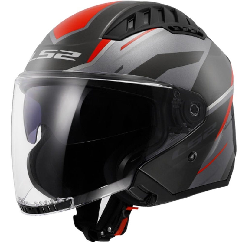 Casque de moto ouvert LS2 OF600 Copter II Diston gris-rouge