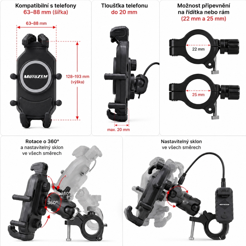 Support anti-vibration MotoZem Claw PRO avec chargeur sans fil et prise USB-C noir