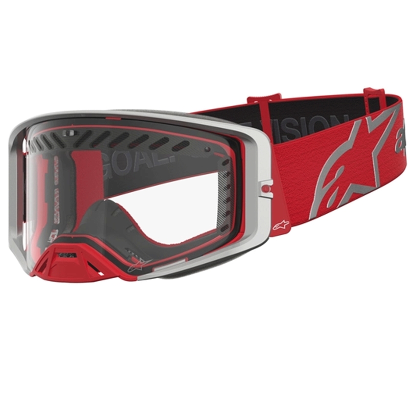 Lunettes de motocross Alpinestars Supertech Dura Air Fluid rouge et argent avec verres en plexiglas transparents