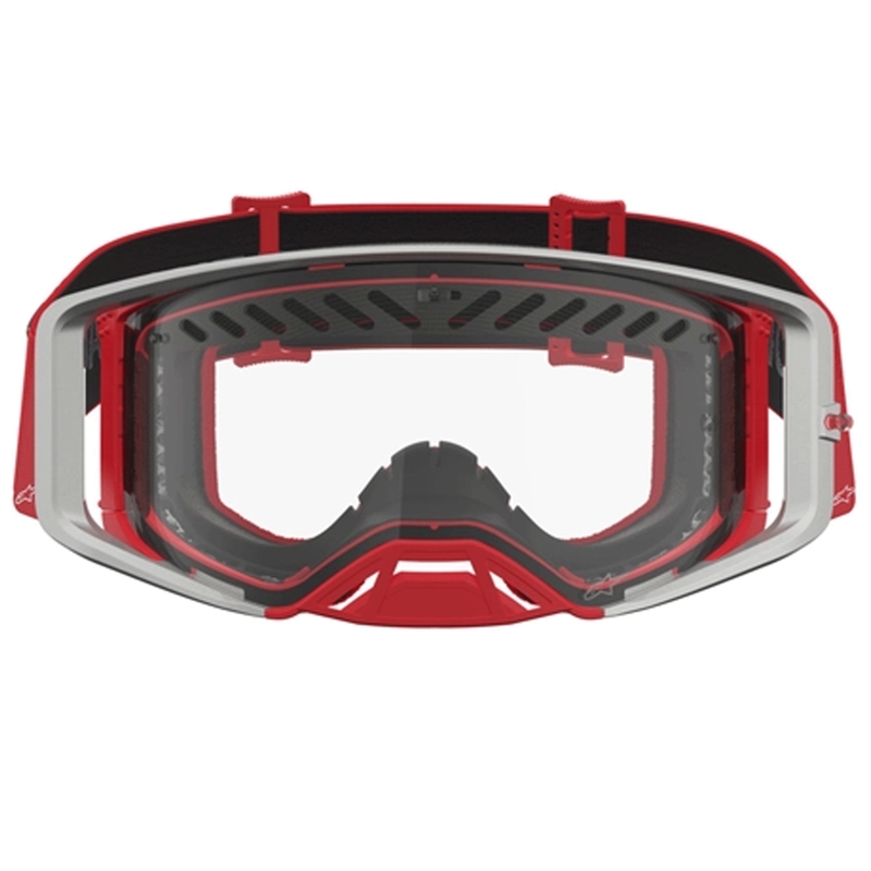 Lunettes de motocross Alpinestars Supertech Dura Air Fluid rouge et argent avec verres en plexiglas transparents