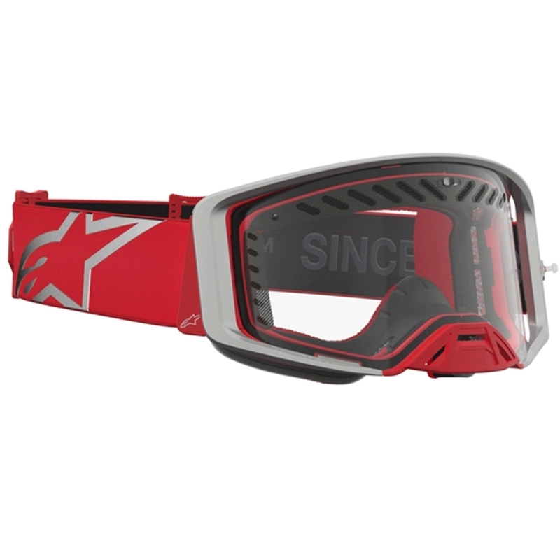 Lunettes de motocross Alpinestars Supertech Dura Air Fluid rouge et argent avec verres en plexiglas transparents