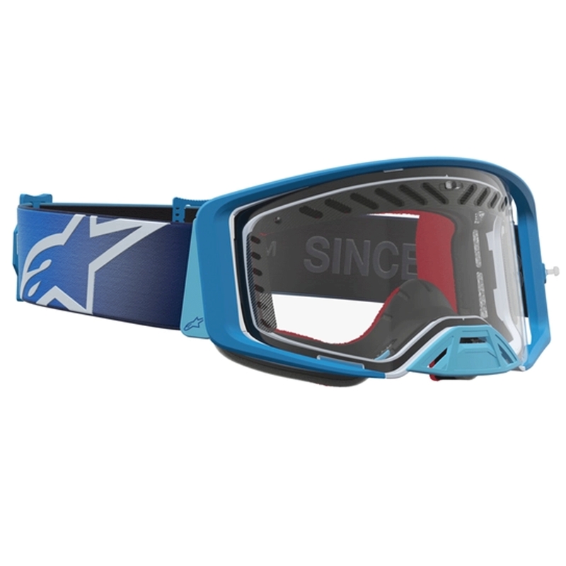 Lunettes de motocross Alpinestars Supertech Dura Air Fluid bleu argenté avec verres en plexiglas transparents