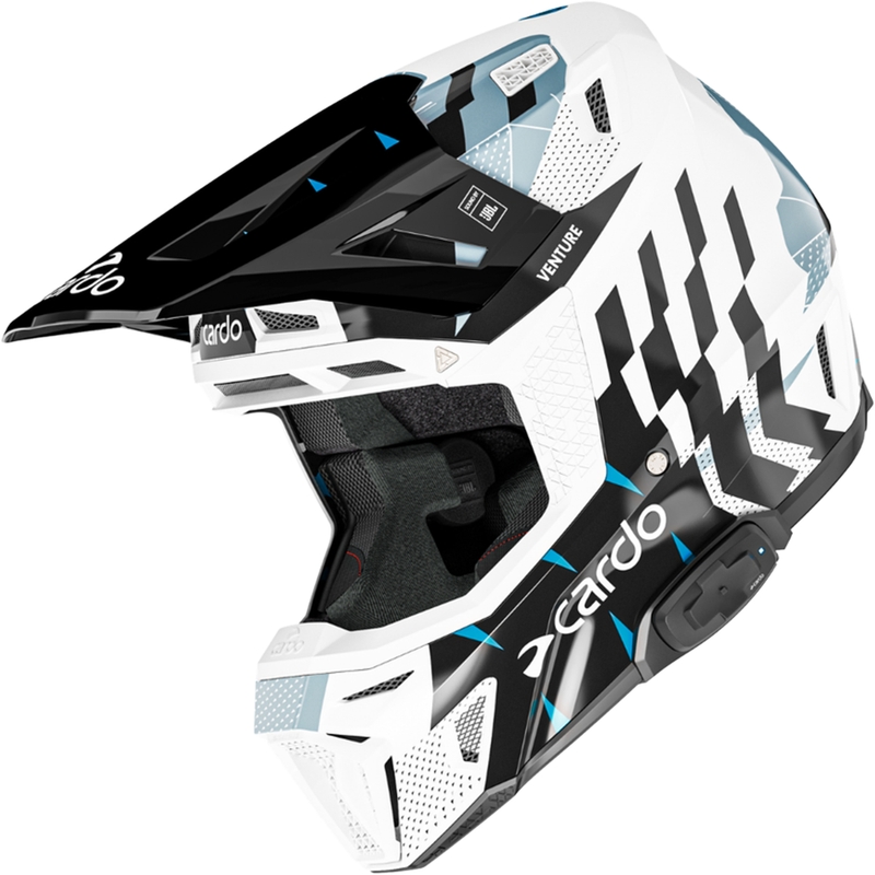 Casque de motocross Cardo Venture blanc-noir-bleu avec intercom