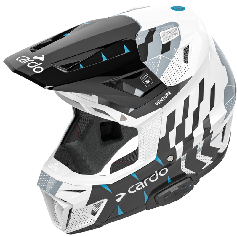 Casque de motocross Cardo Venture blanc-noir-bleu avec intercom