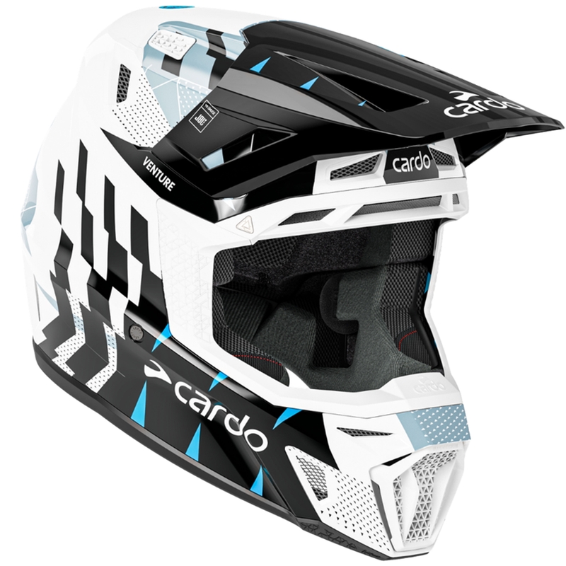 Casque de motocross Cardo Venture blanc-noir-bleu avec intercom