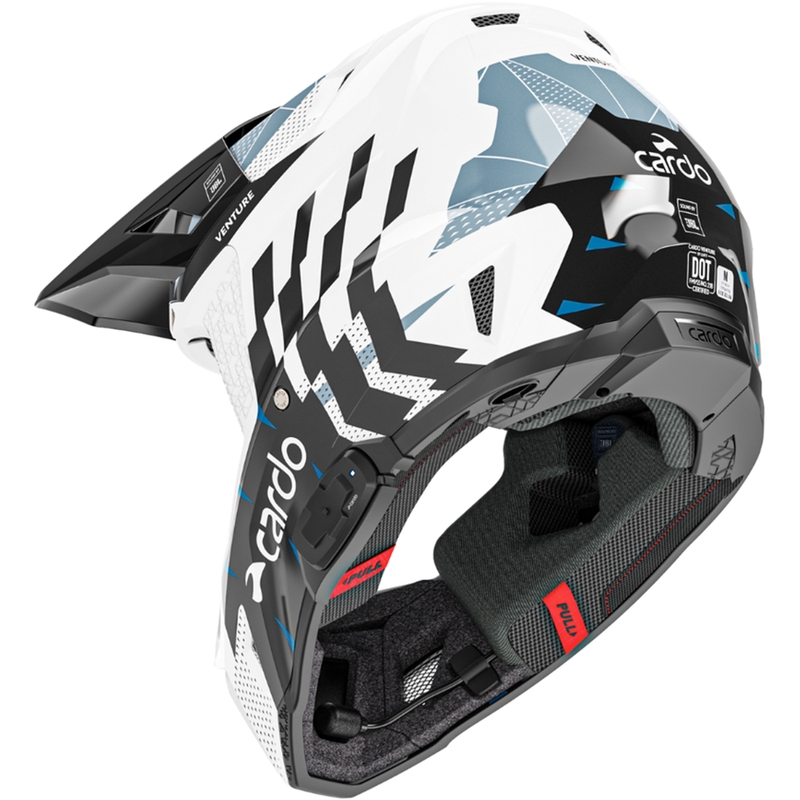 Casque de motocross Cardo Venture blanc-noir-bleu avec intercom