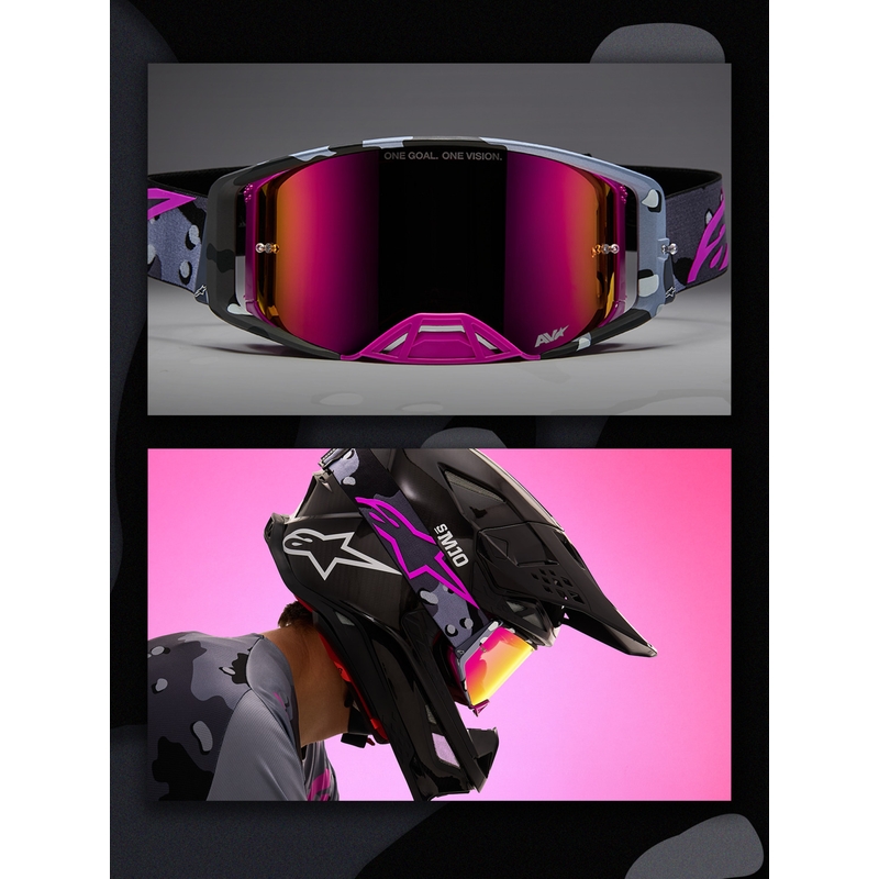 Lunettes de motocross Alpinestars Supertech Lone camouflage violet avec verres en plexiglas rose miroir