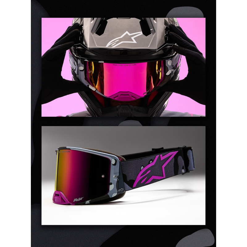 Lunettes de motocross Alpinestars Supertech Lone camouflage violet avec verres en plexiglas rose miroir
