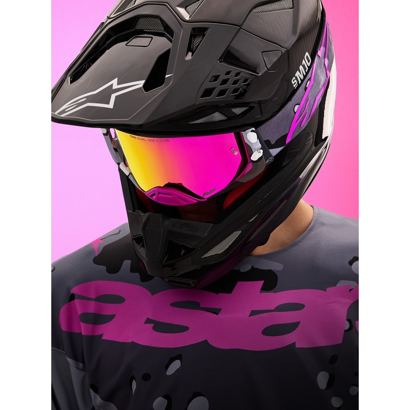 Lunettes de motocross Alpinestars Supertech Lone camouflage violet avec verres en plexiglas rose miroir