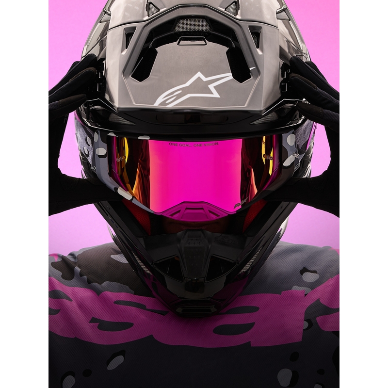 Lunettes de motocross Alpinestars Supertech Lone camouflage violet avec verres en plexiglas rose miroir
