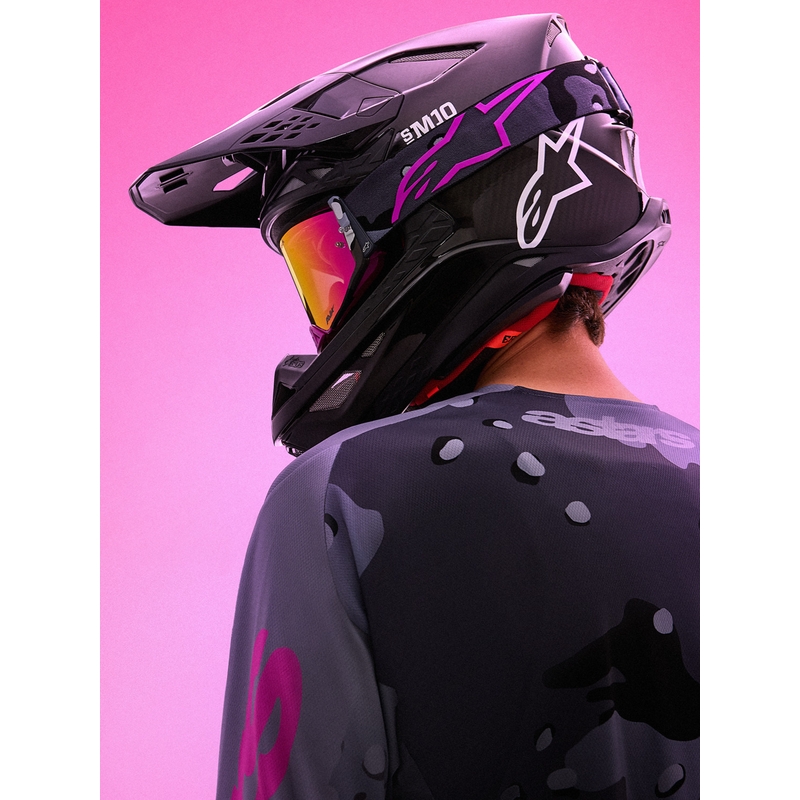 Lunettes de motocross Alpinestars Supertech Lone camouflage violet avec verres en plexiglas rose miroir