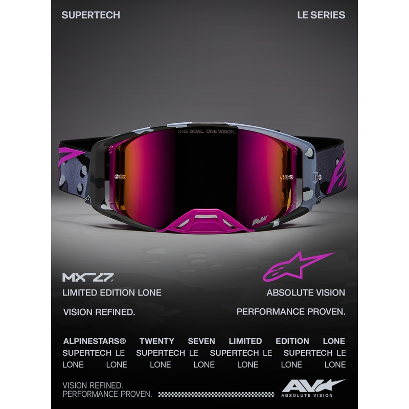 Lunettes de motocross Alpinestars Supertech Lone camouflage violet avec verres en plexiglas rose miroir
