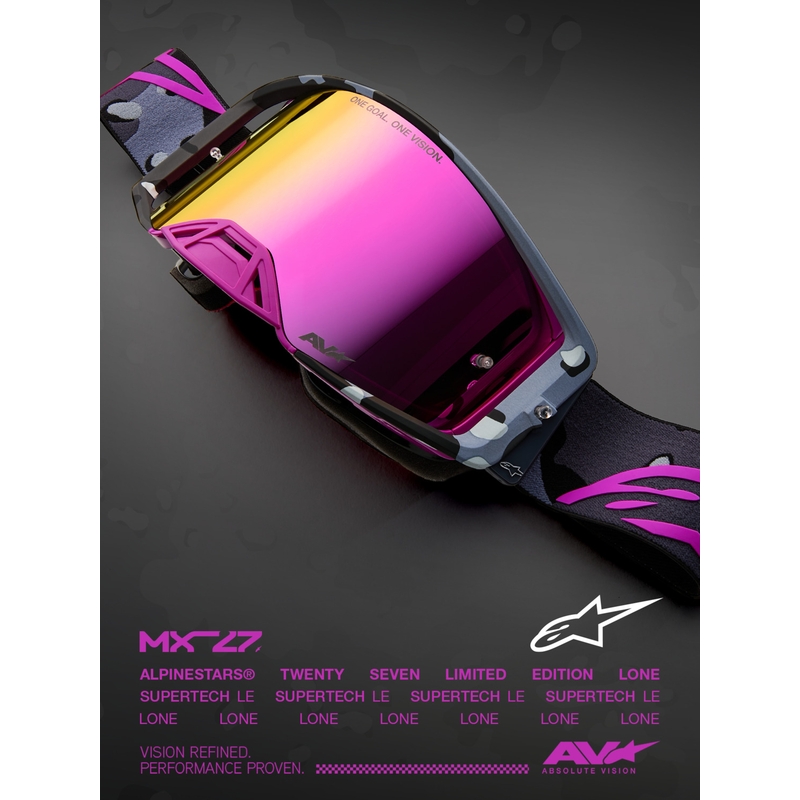 Lunettes de motocross Alpinestars Supertech Lone camouflage violet avec verres en plexiglas rose miroir