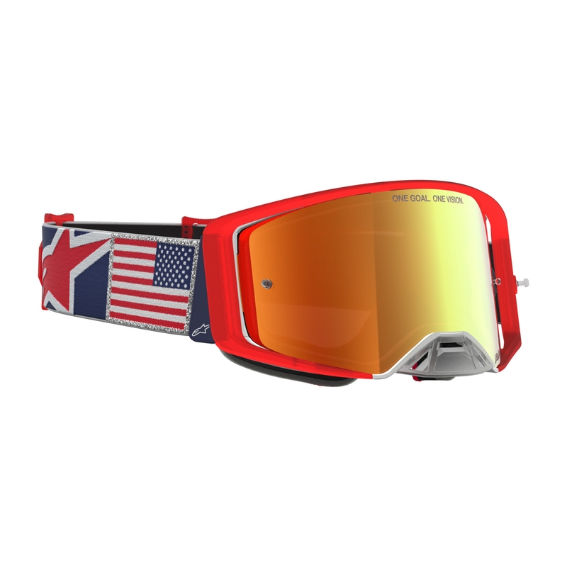 Lunettes de motocross Alpinestars Supertech Fiftyfold bleu-rouge-blanc avec verres en plexiglas rouge miroir