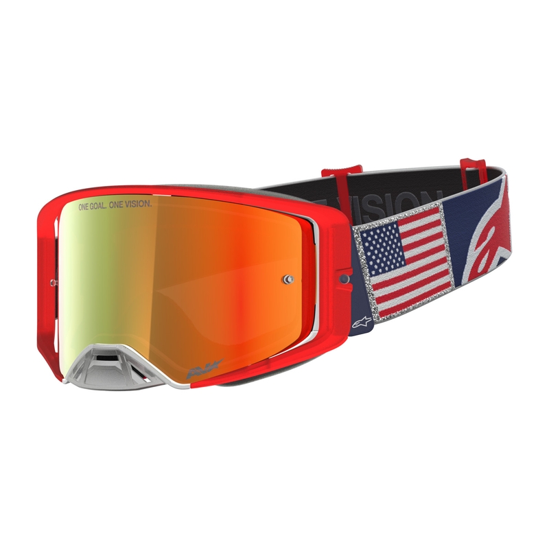Lunettes de motocross Alpinestars Supertech Fiftyfold bleu-rouge-blanc avec verres en plexiglas rouge miroir