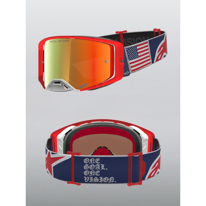 Lunettes de motocross Alpinestars Supertech Fiftyfold bleu-rouge-blanc avec verres en plexiglas rouge miroir