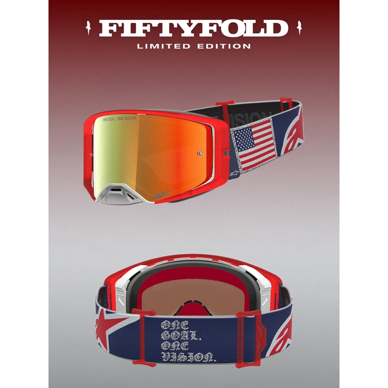 Lunettes de motocross Alpinestars Supertech Fiftyfold bleu-rouge-blanc avec verres en plexiglas rouge miroir