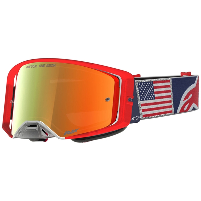 Lunettes de motocross Alpinestars Supertech Fiftyfold bleu-rouge-blanc avec verres en plexiglas rouge miroir