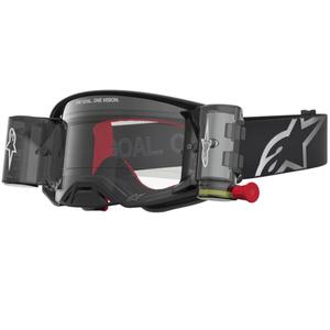 Lunettes de motocross Alpinestars Supertech ROLL-OFF noires et argentées avec verres en plexiglas transparents