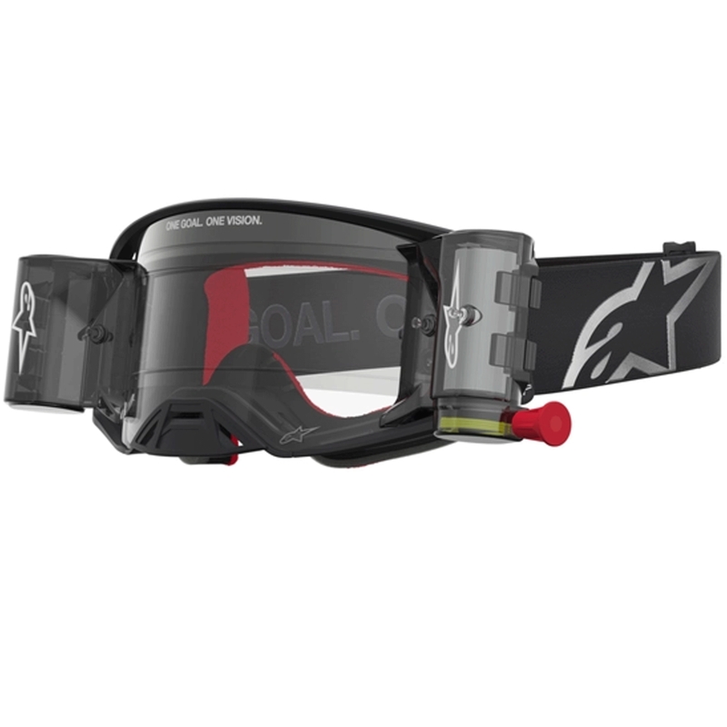 Lunettes de motocross Alpinestars Supertech ROLL-OFF noires et argentées avec verres en plexiglas transparents