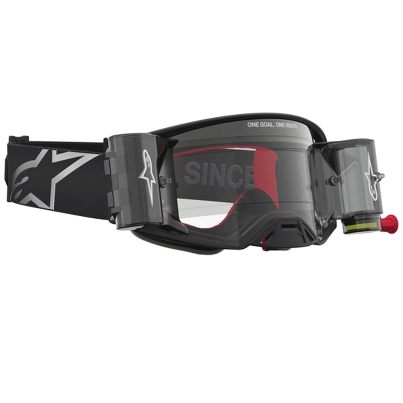 Lunettes de motocross Alpinestars Supertech ROLL-OFF noires et argentées avec verres en plexiglas transparents