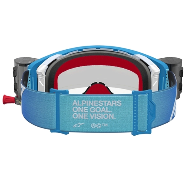 Lunettes de motocross Alpinestars Supertech ROLL-OFF bleu argent avec plexiglas transparent