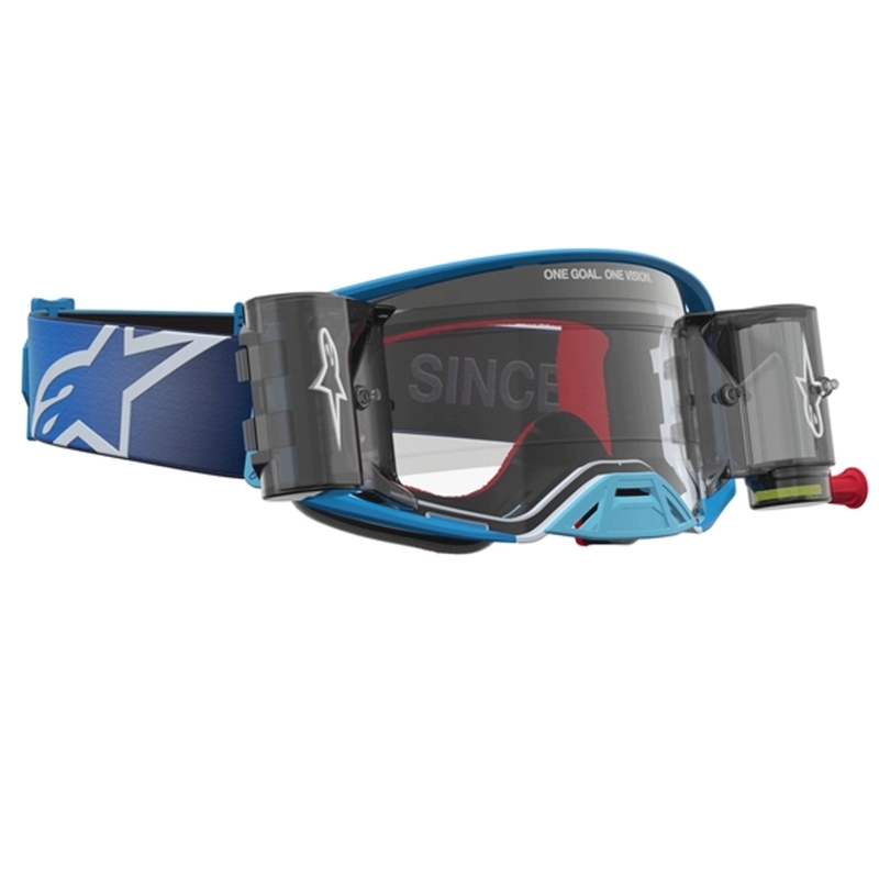 Lunettes de motocross Alpinestars Supertech ROLL-OFF bleu argent avec plexiglas transparent