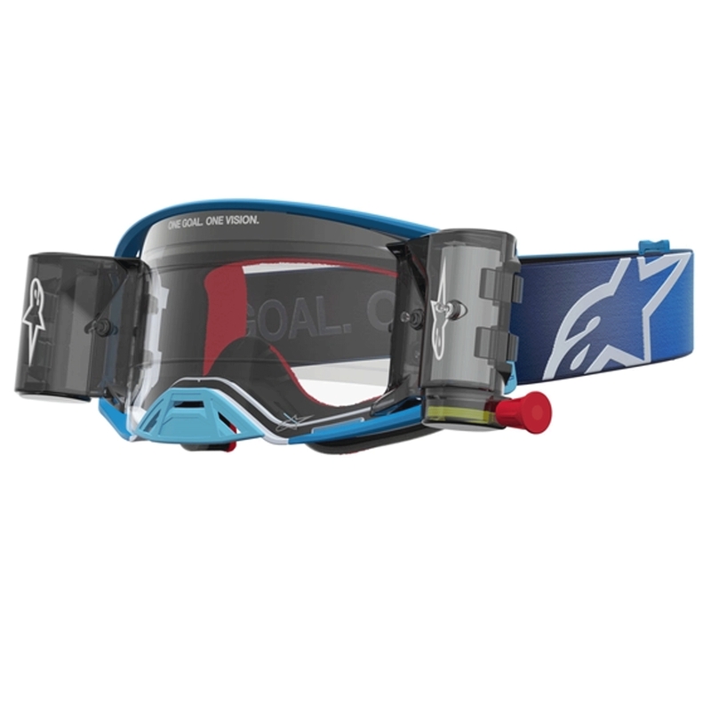 Lunettes de motocross Alpinestars Supertech ROLL-OFF bleu argent avec plexiglas transparent