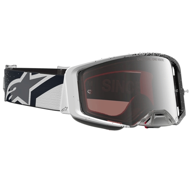 Lunettes de motocross Alpinestars Supertech blanches et noires avec verres en plexiglas argenté miroir