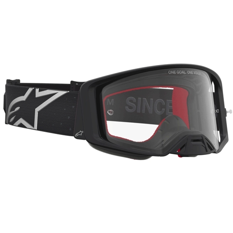 Lunettes de motocross Alpinestars Supertech Vesta noires et argentées avec verres en plexiglas transparents