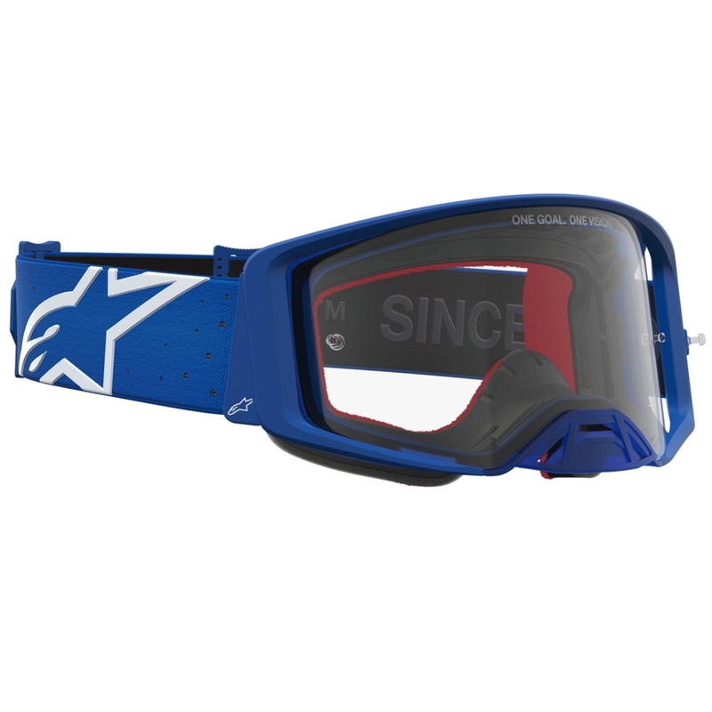 Lunettes de motocross Alpinestars Supertech Vesta bleu et blanc avec verres en plexiglas transparents
