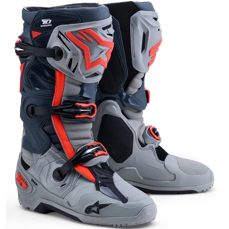 Bottes de moto Alpinestars Tech 10 Enduro Gris-Gris foncé-Rouge fluo