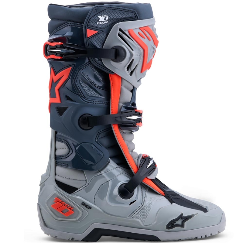 Bottes de moto Alpinestars Tech 10 Enduro Gris-Gris foncé-Rouge fluo