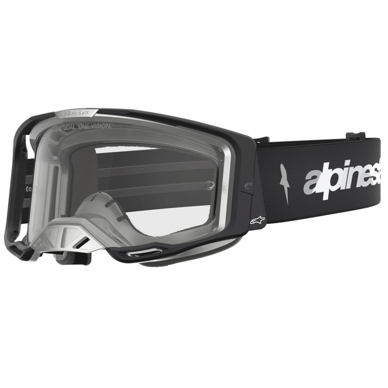 Lunettes de motocross Alpinestars Vision 8 Amber, noir et argent, avec verres en plexiglas transparent.