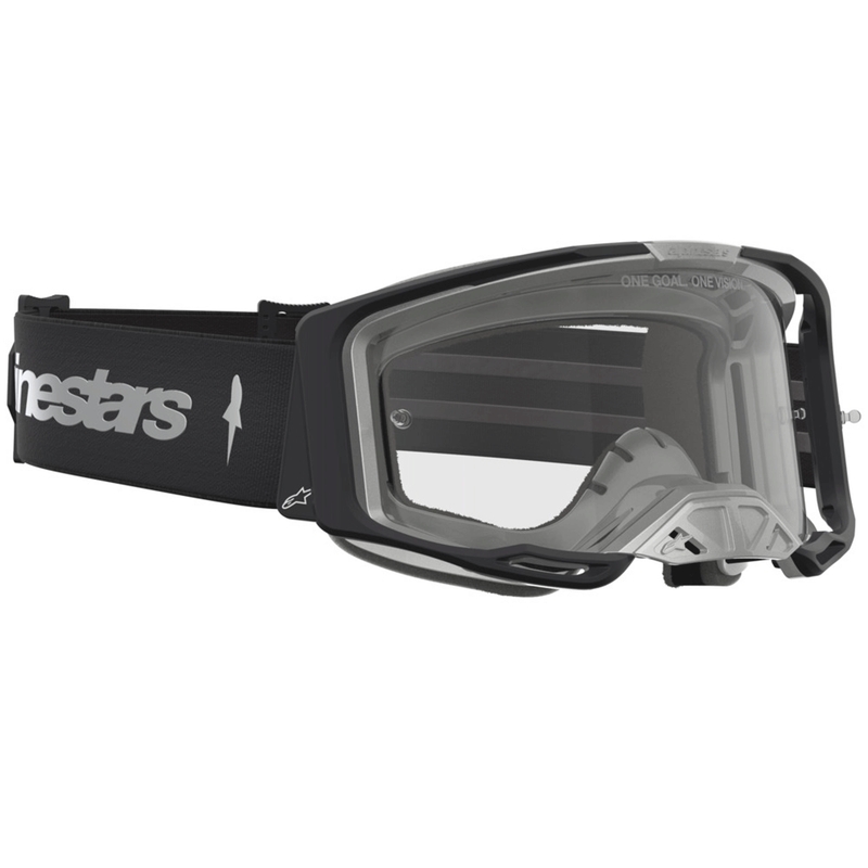 Lunettes de motocross Alpinestars Vision 8 Amber, noir et argent, avec verres en plexiglas transparent.