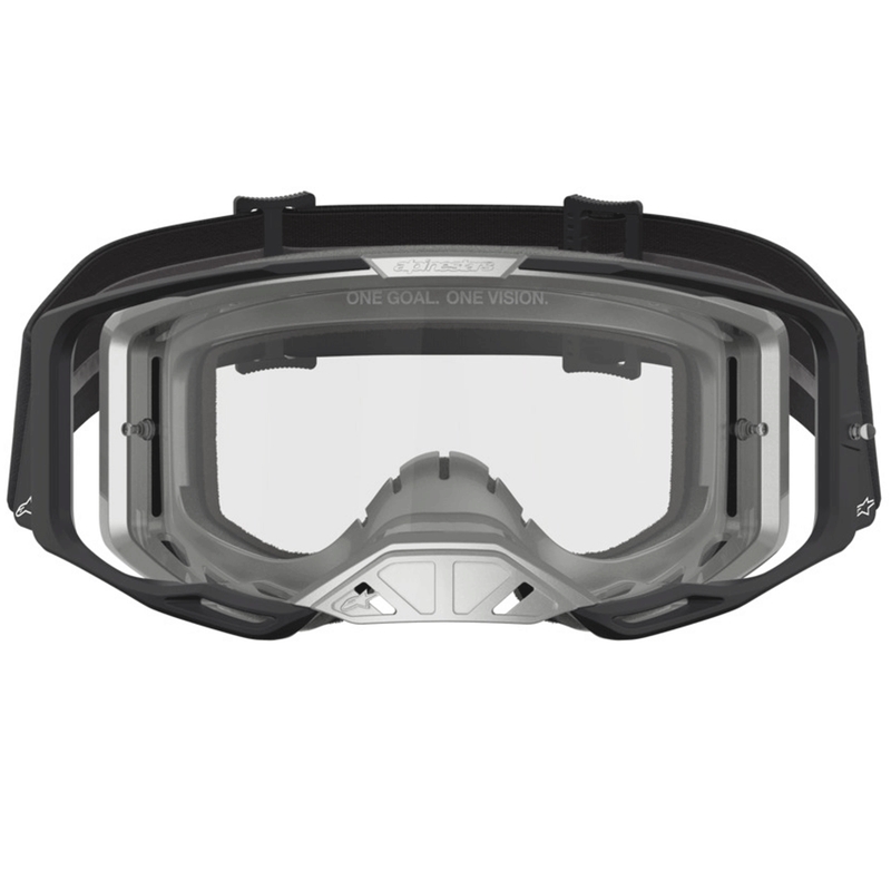 Lunettes de motocross Alpinestars Vision 8 Amber, noir et argent, avec verres en plexiglas transparent.