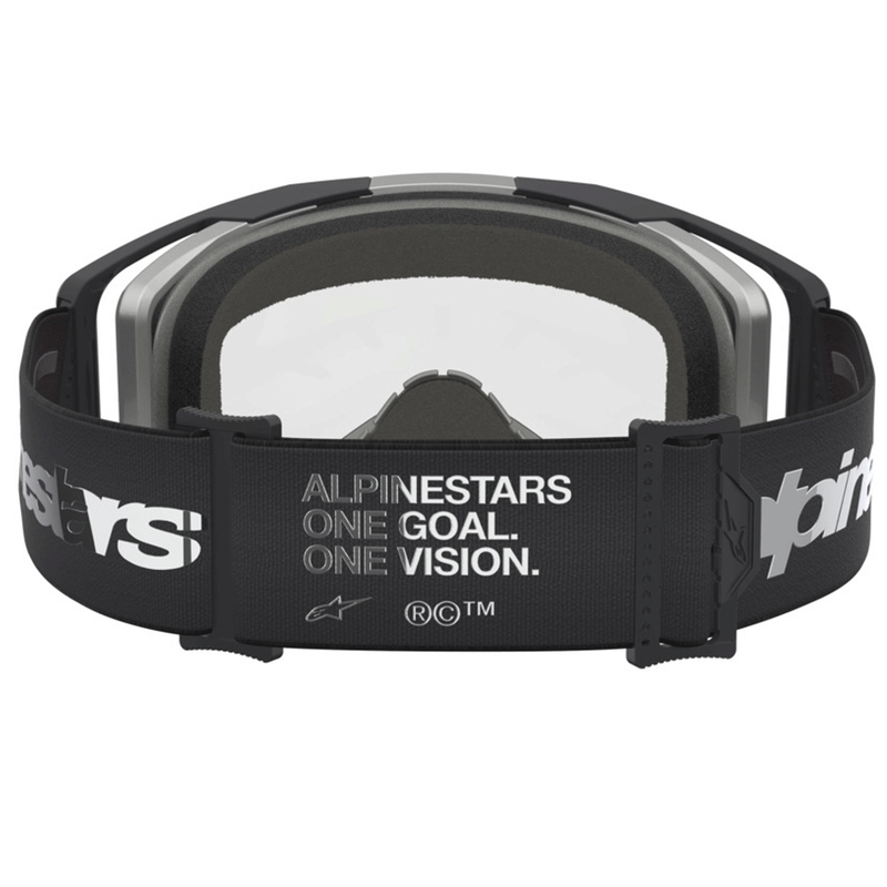 Lunettes de motocross Alpinestars Vision 8 Amber, noir et argent, avec verres en plexiglas transparent.