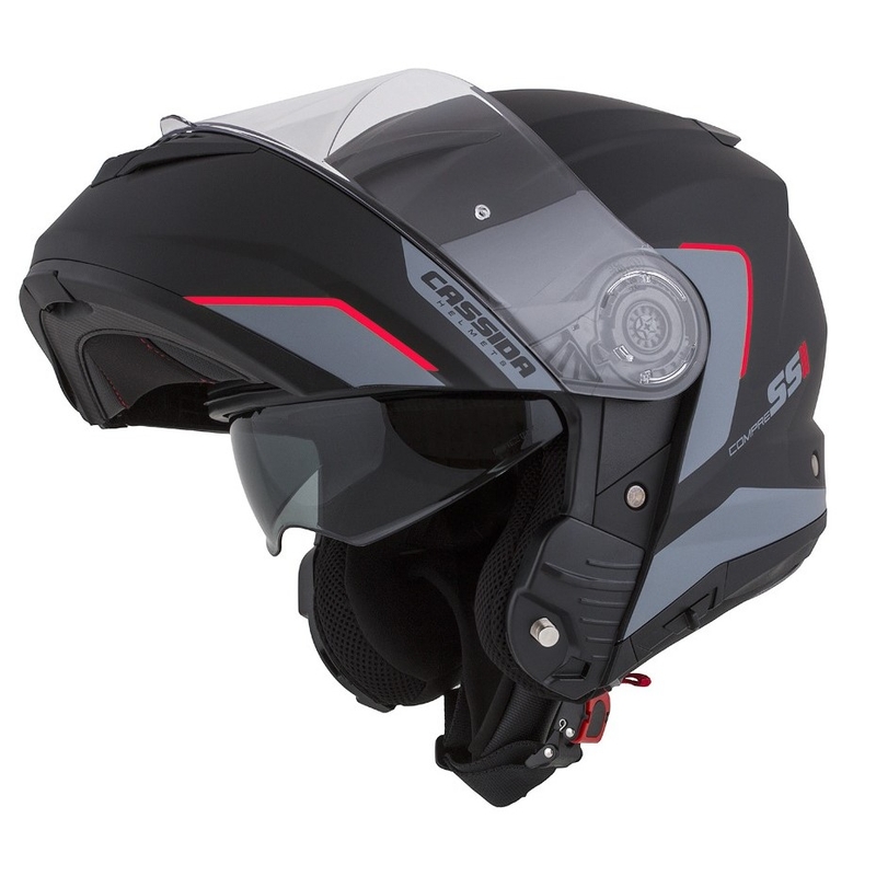 Casque de moto Cassida Compress 2.0 Refraction noir-gris-rouge à visière relevable