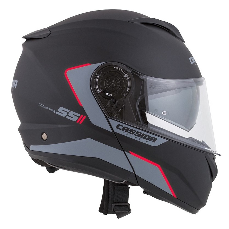 Casque de moto Cassida Compress 2.0 Refraction noir-gris-rouge à visière relevable