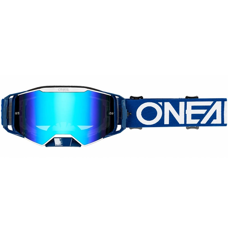 Lunettes de motocross O'Neal B-55 Cram bleu et blanc avec verres en plexiglas bleu miroir
