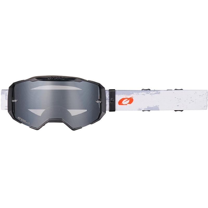 Lunettes de motocross O'Neal B-22, peinture blanche et noire avec verres en plexiglas argentés