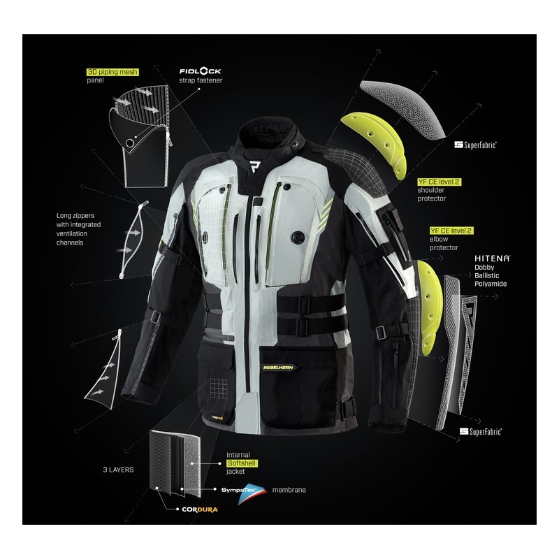 Veste de moto Rebelhorn Patrol gris-noir-jaune fluo